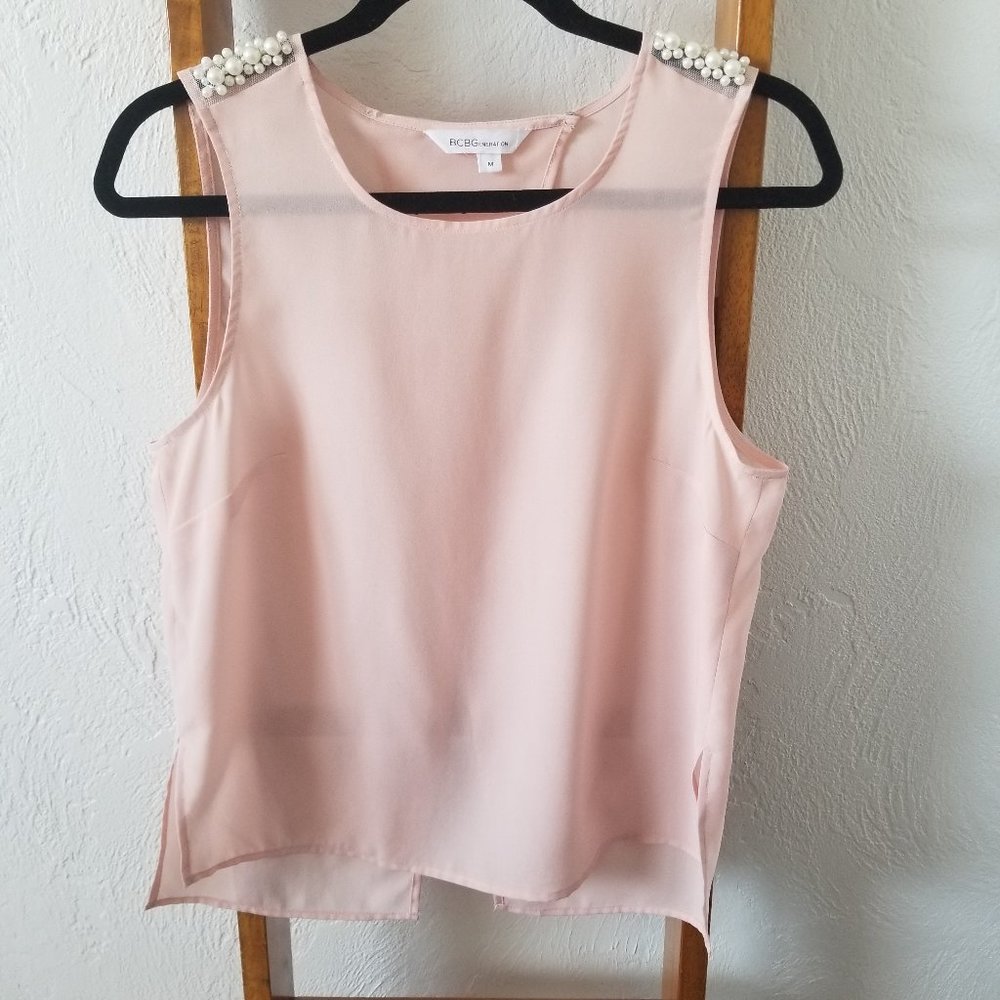BCBGeneration Pink Tank Pearl Detail Shoulder Asymmetrical back Sz M